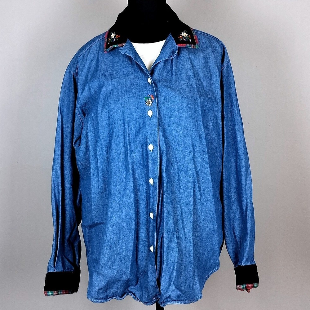 Vintage Denim Shirt Madison Avenue Cotton Velvet Trim Womens Large Blue Floral - Picture 2 of 8